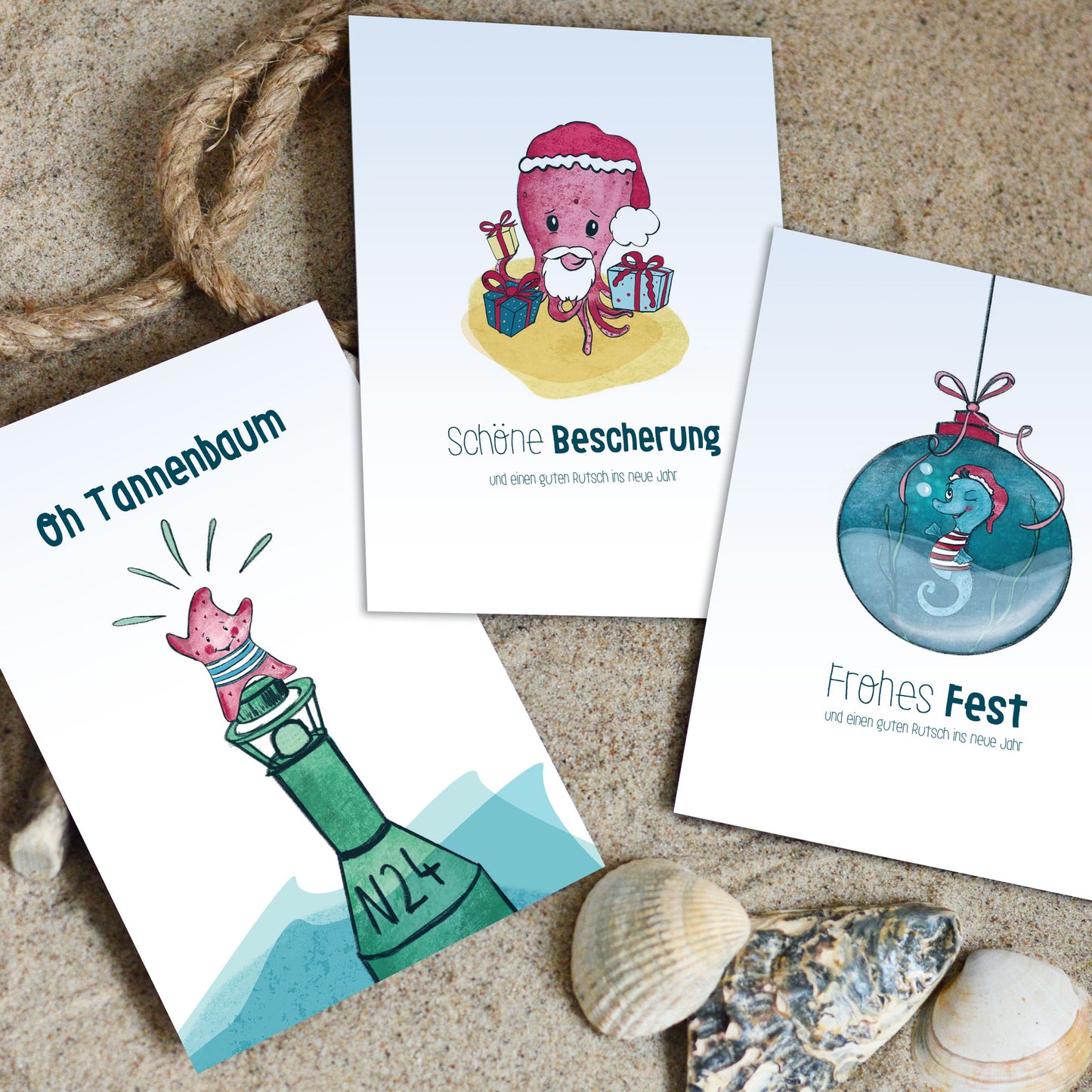 Meeresbanden Weihnachtskarten – 3 Stück